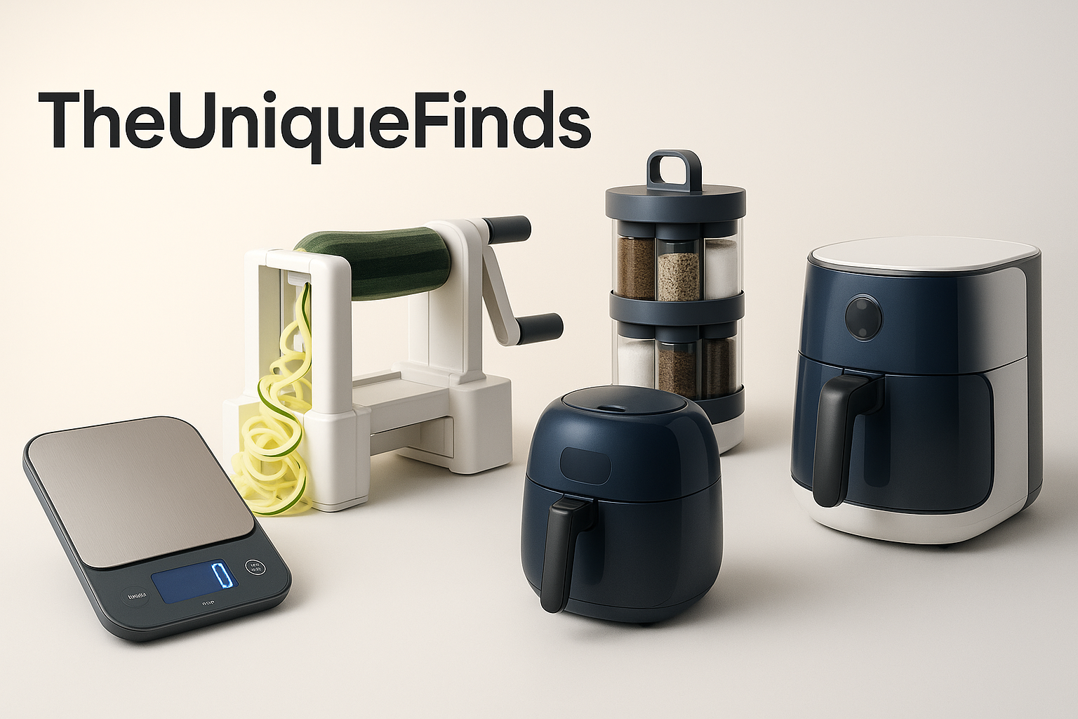 make me an image for website banner which sells unique and Useful Gadgets for home and kitchen, also the brand name is "TheUniqueFinds" so place the brand name somewhere it looks good